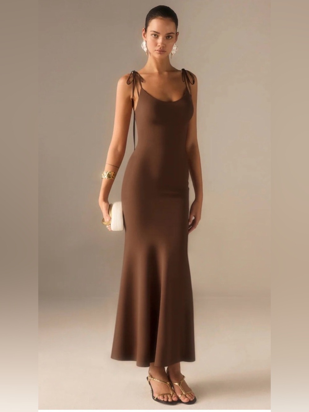 Commence Brown Tie-Strap Silky Maxi Dress size Medium